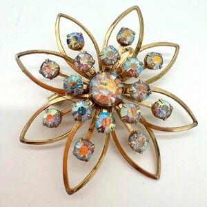 Vintage 1950s Gold Tone AB Rhinestone Open Petal Flower Brooch